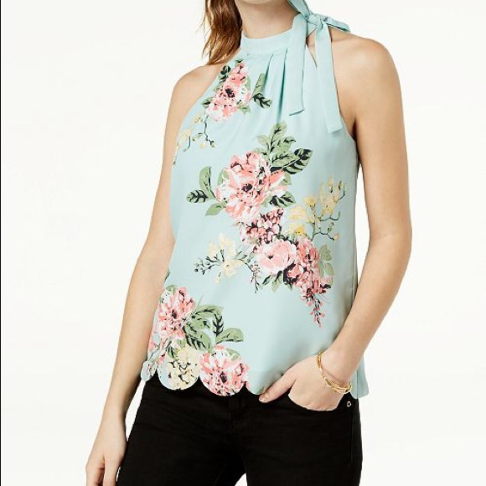 NWT Macy’s  bow neck Pastel green floral Top